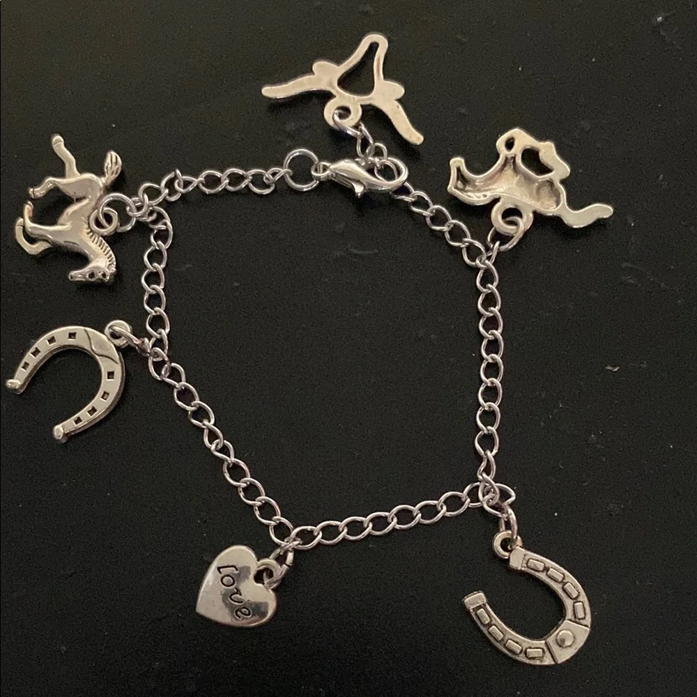 Silver Charm Bracelet with Heart and Horseshoe Charms Hand Crafted